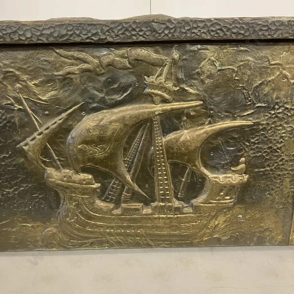 Vintage Repousse Brass & Copper Wood Box With Embossed Galleons, Hinged Lid, Metal Feet. H37 W63 D37cm Image 1++