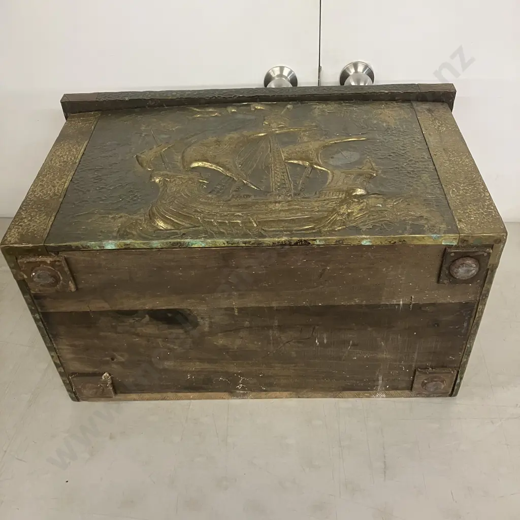 Vintage Repousse Brass & Copper Wood Box With Embossed Galleons, Hinged Lid, Metal Feet. H37 W63 D37cm Image 1++