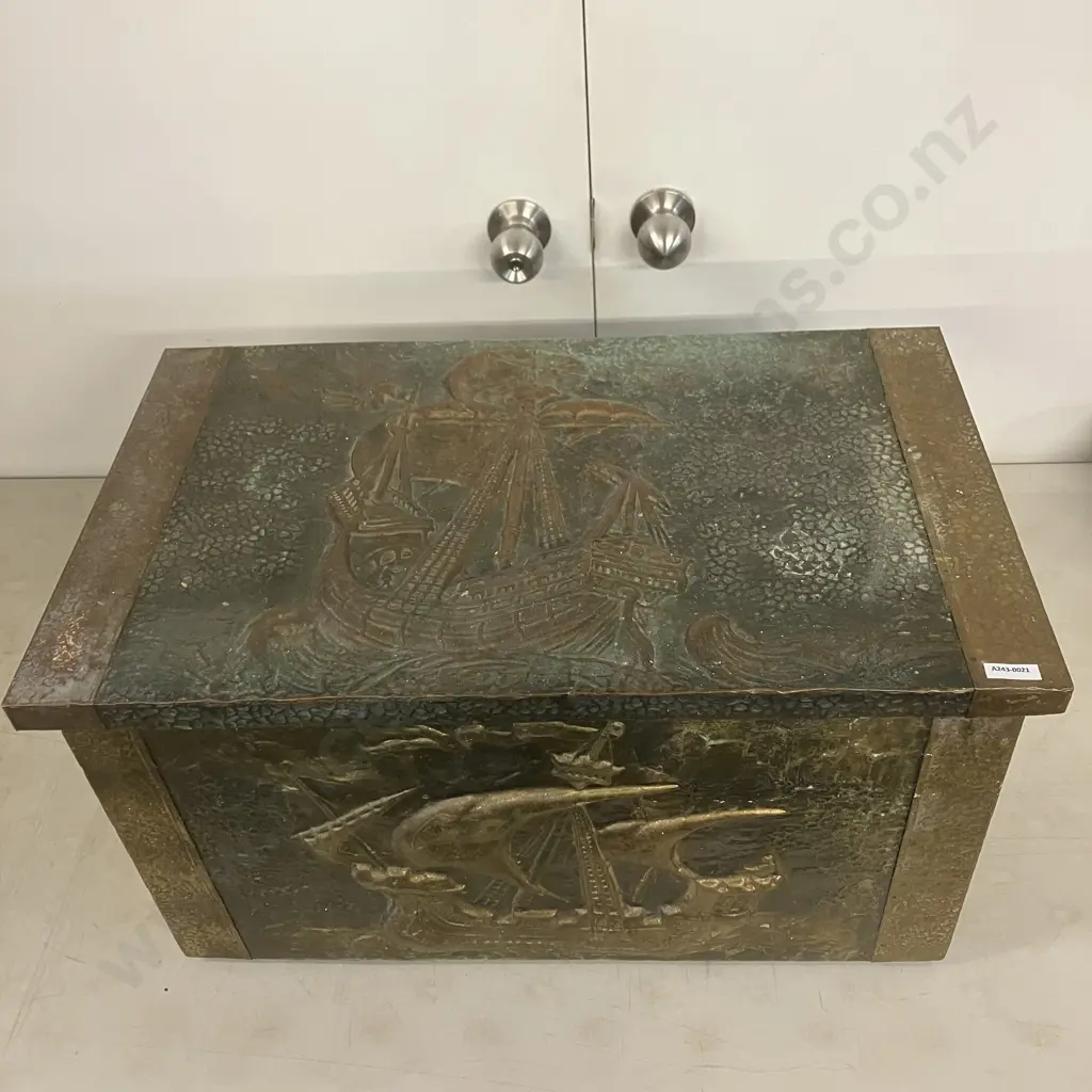 Vintage Repousse Brass & Copper Wood Box With Embossed Galleons, Hinged Lid, Metal Feet. H37 W63 D37cm Image 1++