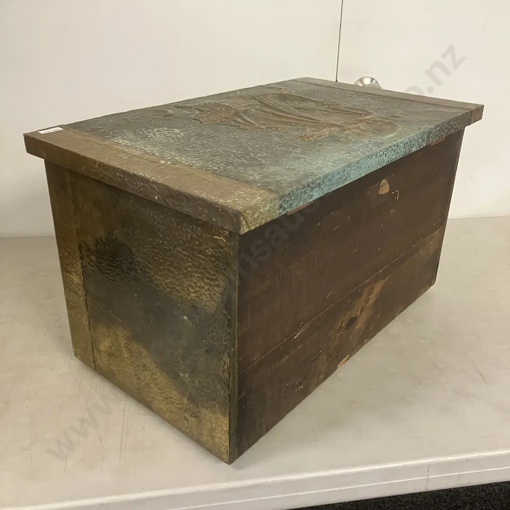 Vintage Repousse Brass & Copper Wood Box With Embossed Galleons, Hinged Lid, Metal Feet. H37 W63 D37cm Image 1++
