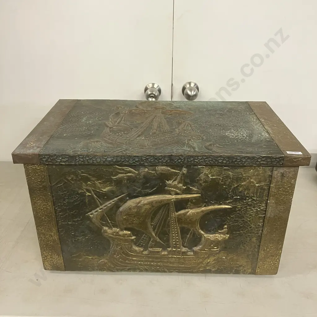 Vintage Repousse Brass & Copper Wood Box With Embossed Galleons, Hinged Lid, Metal Feet. H37 W63 D37cm Image 1++