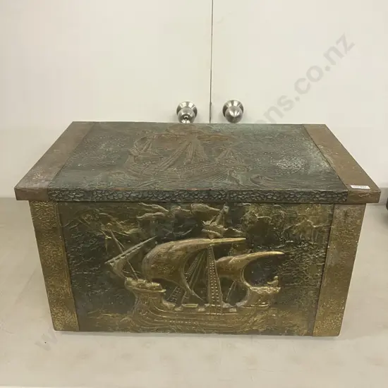 Vintage Repousse Brass & Copper Wood Box With Embossed Galleons, Hinged Lid, Metal Feet. H37 W63 D37cm