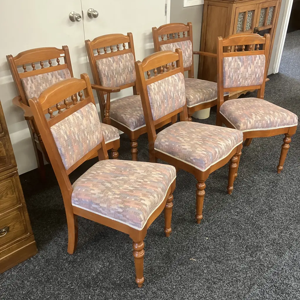 Set of 6 NZ Kauri Dining Chairs Includes 2 Carvers, Turned Legs, Pastel Toned Fabric Upholstery (Carvers As Found) Image 1++