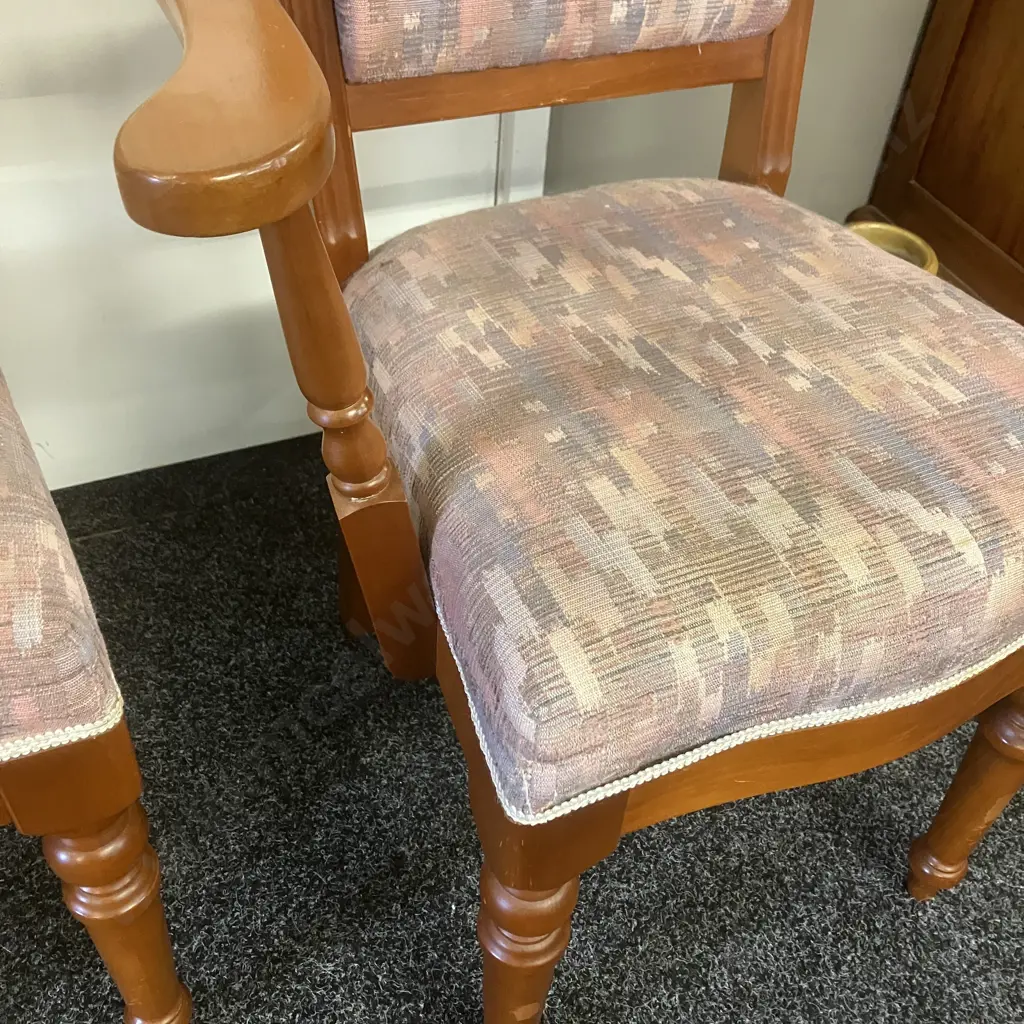 Set of 6 NZ Kauri Dining Chairs Includes 2 Carvers, Turned Legs, Pastel Toned Fabric Upholstery (Carvers As Found) Image 1++