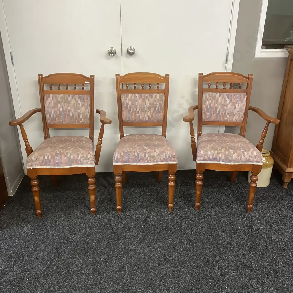 Set of 6 NZ Kauri Dining Chairs Includes 2 Carvers, Turned Legs, Pastel Toned Fabric Upholstery (Carvers As Found) Image 1++