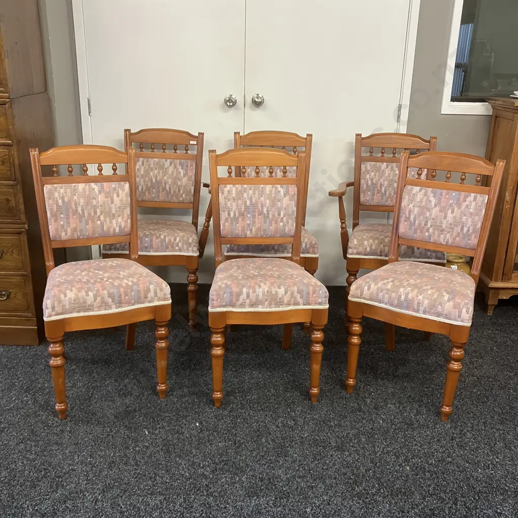 Set of 6 NZ Kauri Dining Chairs Includes 2 Carvers, Turned Legs, Pastel Toned Fabric Upholstery (Carvers As Found) Image 1++