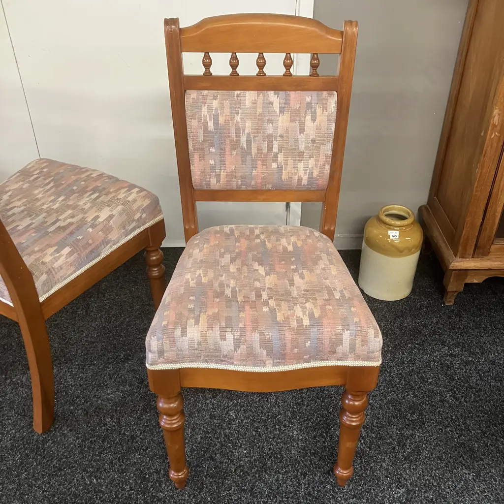 Set of 6 NZ Kauri Dining Chairs Includes 2 Carvers, Turned Legs, Pastel Toned Fabric Upholstery (Carvers As Found) Image 1++