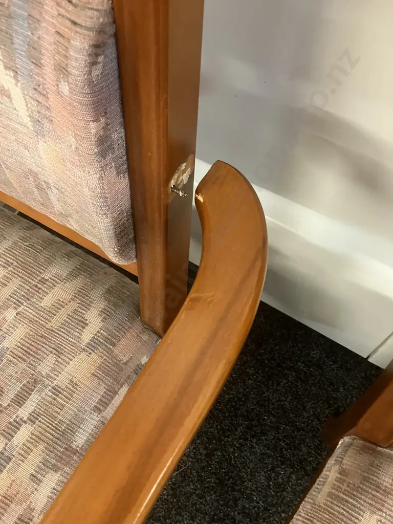 Set of 6 NZ Kauri Dining Chairs Includes 2 Carvers, Turned Legs, Pastel Toned Fabric Upholstery (Carvers As Found) Image 1++