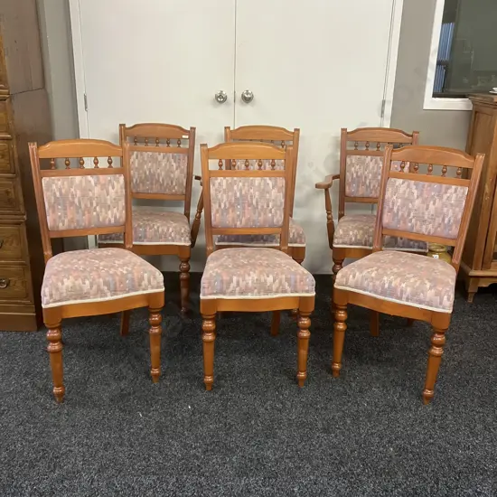 Set of 6 NZ Kauri Dining Chairs Includes 2 Carvers, Turned Legs, Pastel Toned Fabric Upholstery (Carvers As Found)