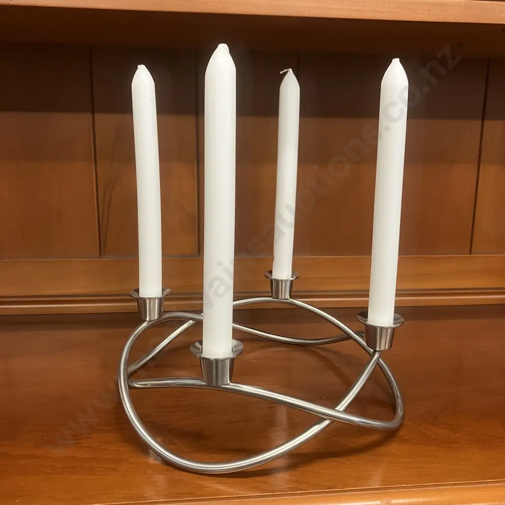 GEORG JENSEN Season Candleholder, Mirror Polished Stainless Steel, In Box With Four White 23cm Candles Image 1++