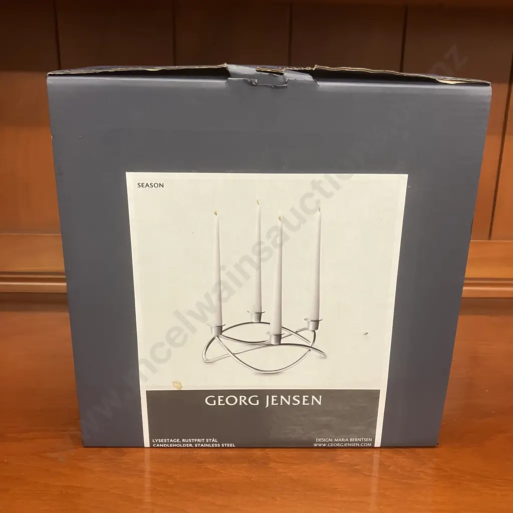 GEORG JENSEN Season Candleholder, Mirror Polished Stainless Steel, In Box With Four White 23cm Candles Image 1++