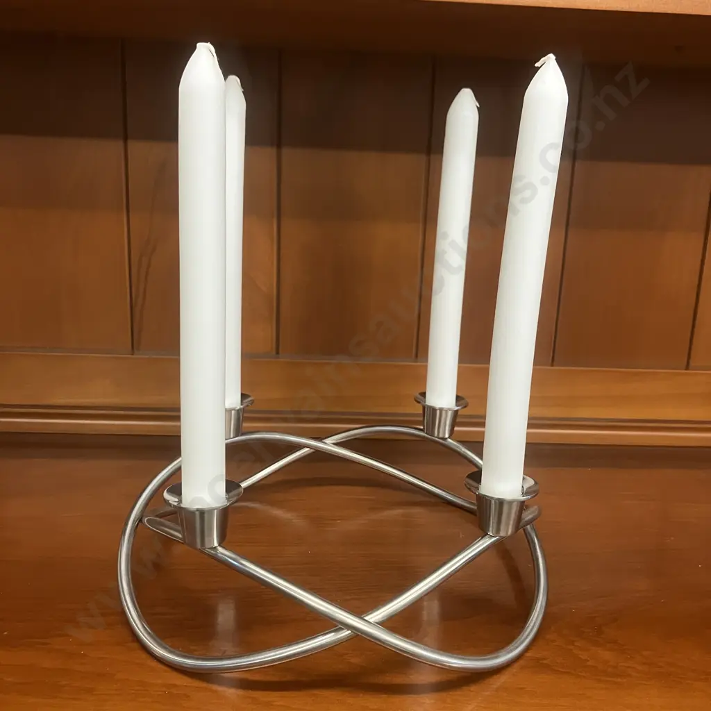 GEORG JENSEN Season Candleholder, Mirror Polished Stainless Steel, In Box With Four White 23cm Candles Image 1++