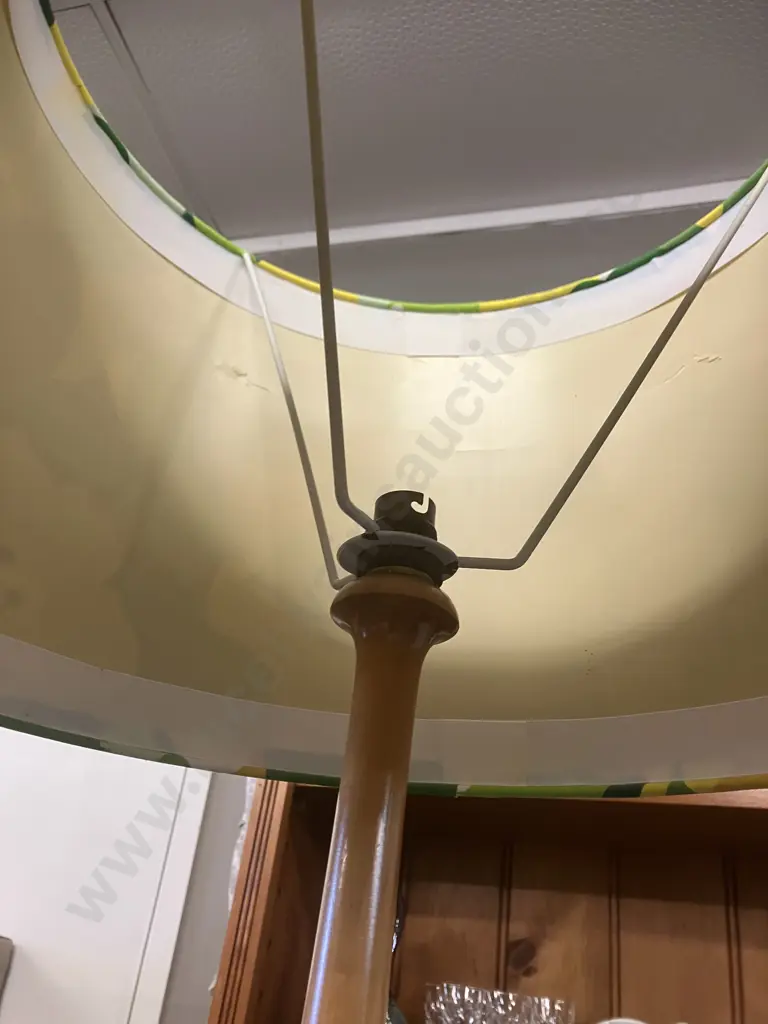 Kauri Turned Pedestal Floor Lamp With a Green & Yellow Toned Fabric Shade. 179cm Image 1++
