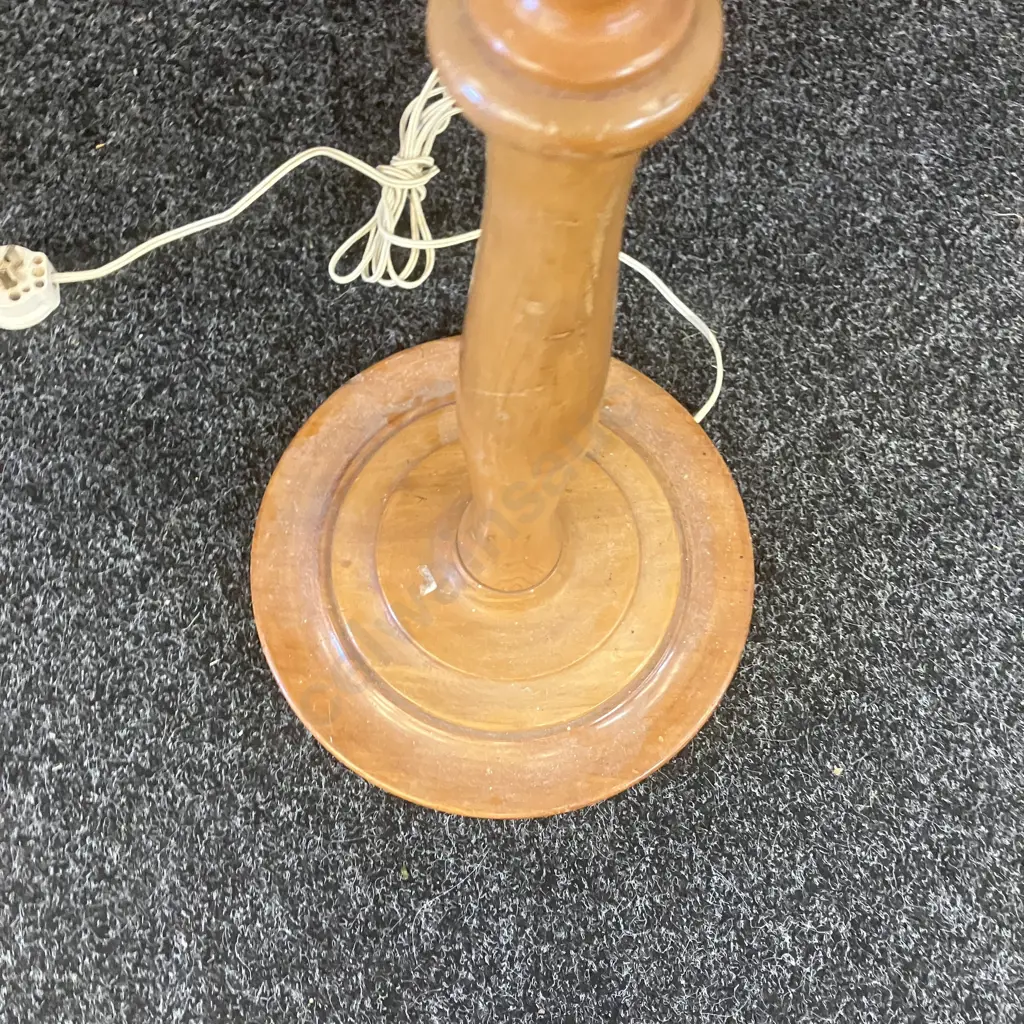 Kauri Turned Pedestal Floor Lamp With a Green & Yellow Toned Fabric Shade. 179cm Image 1++