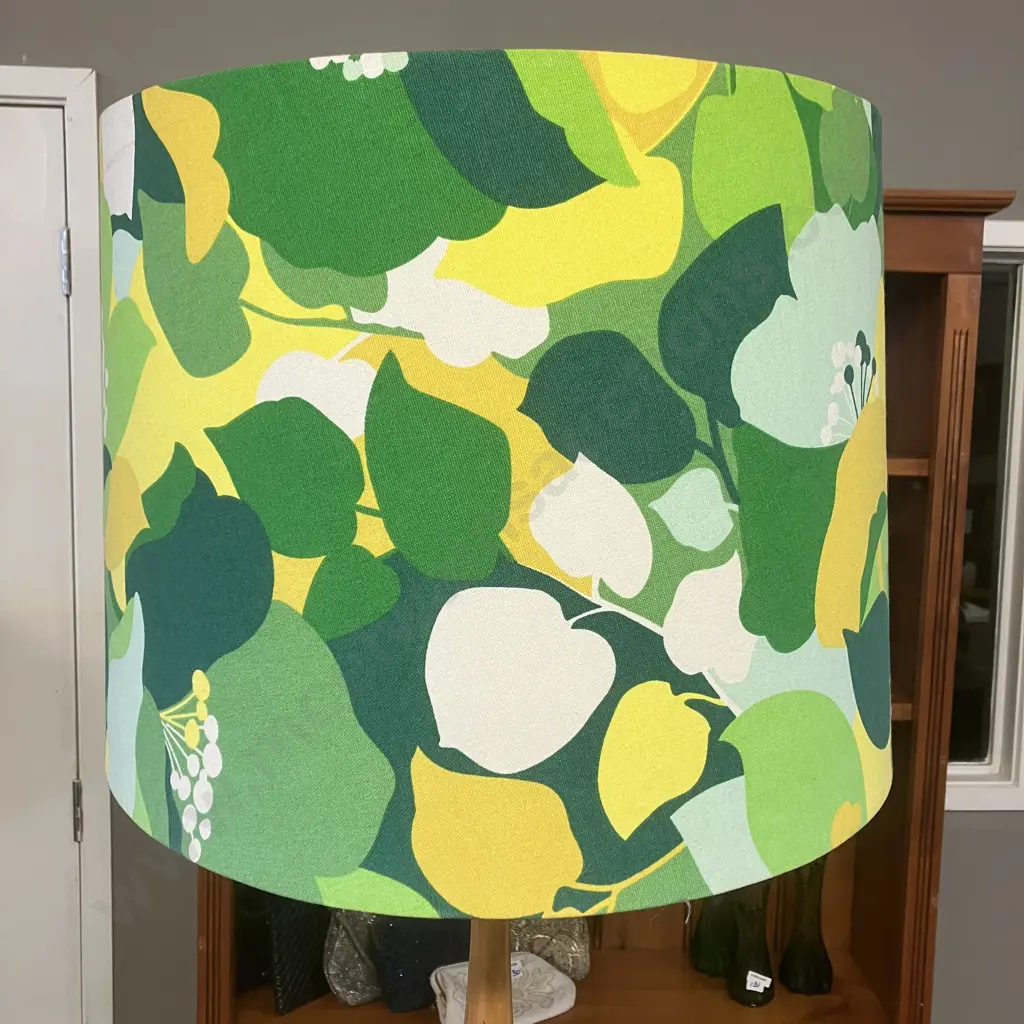 Kauri Turned Pedestal Floor Lamp With a Green & Yellow Toned Fabric Shade. 179cm Image 1++