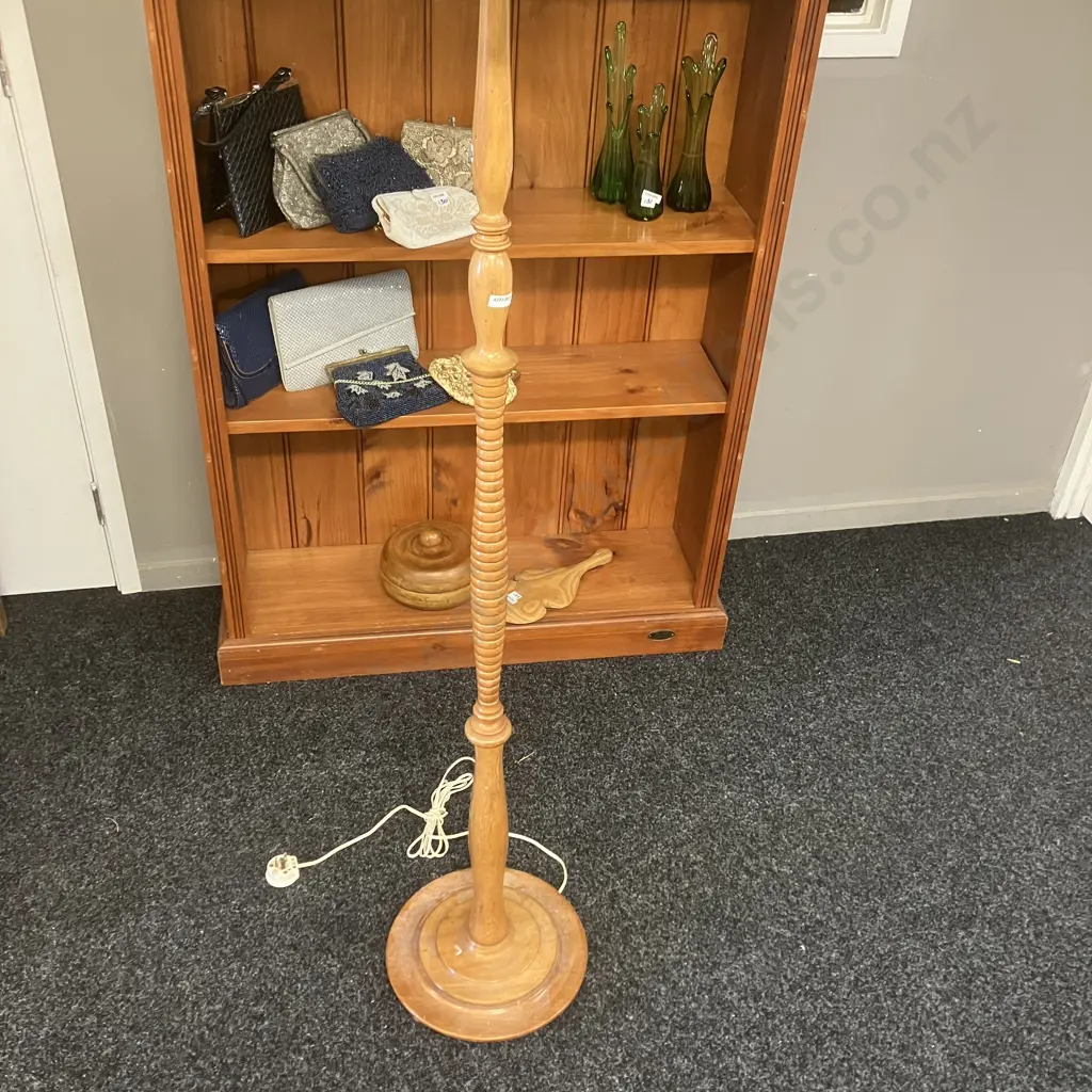 Kauri Turned Pedestal Floor Lamp With a Green & Yellow Toned Fabric Shade. 179cm Image 1++