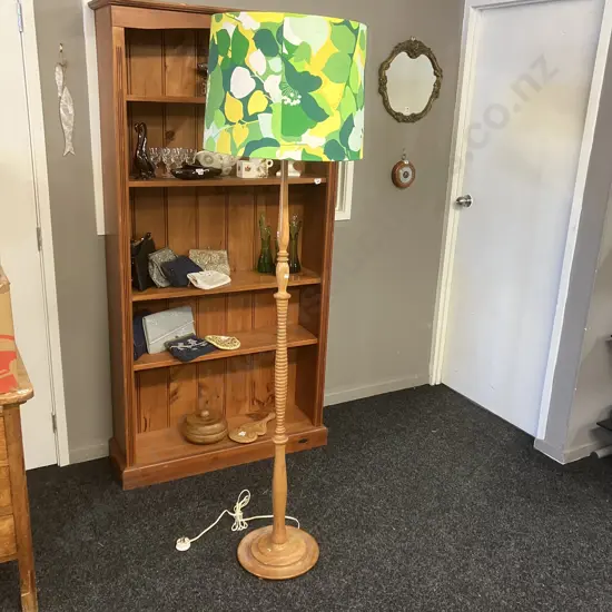 Kauri Turned Pedestal Floor Lamp With a Green & Yellow Toned Fabric Shade. 179cm