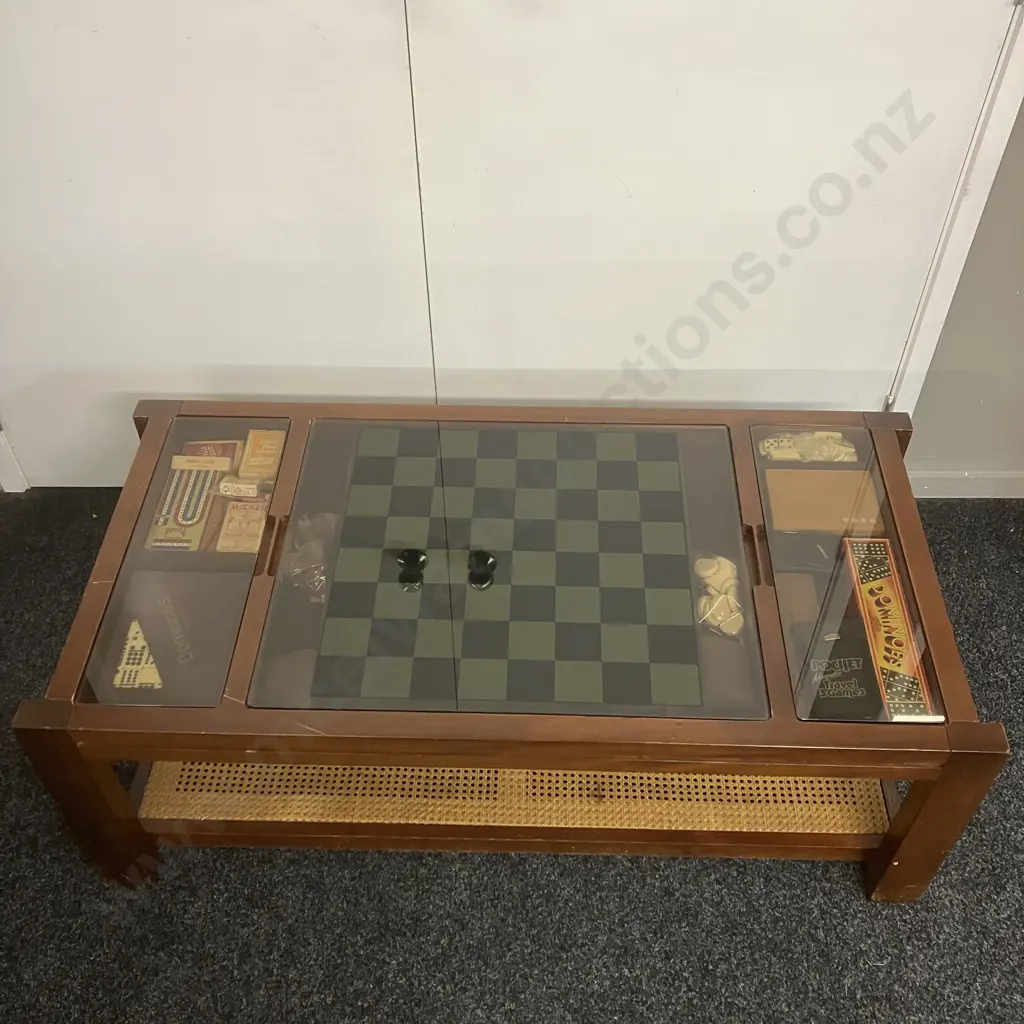 Mahogany & Smoked Glass Games Coffee Table With Rattan Undershelf, Assorted Games & Guides. H46 W122 D60cm Image 1++