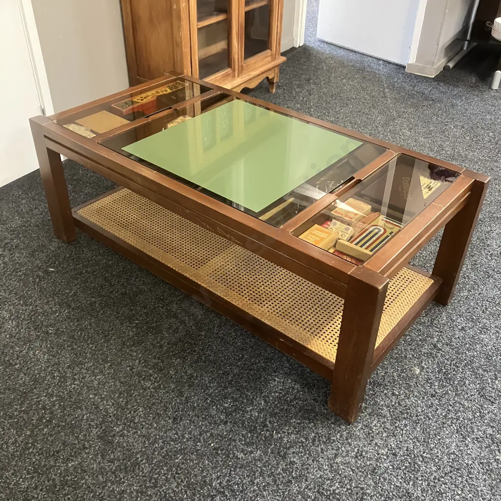 Mahogany & Smoked Glass Games Coffee Table With Rattan Undershelf, Assorted Games & Guides. H46 W122 D60cm Image 1++