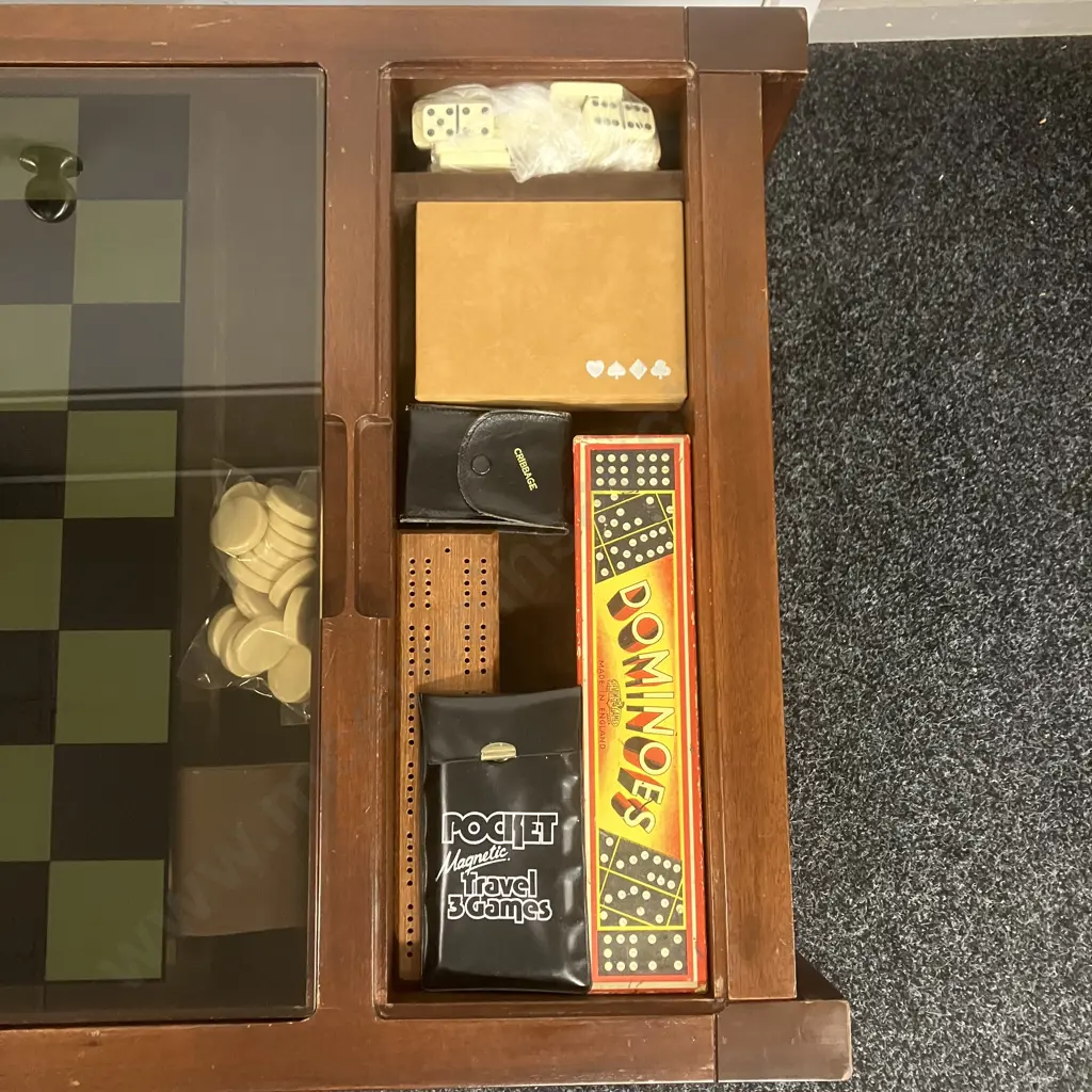 Mahogany & Smoked Glass Games Coffee Table With Rattan Undershelf, Assorted Games & Guides. H46 W122 D60cm Image 1++