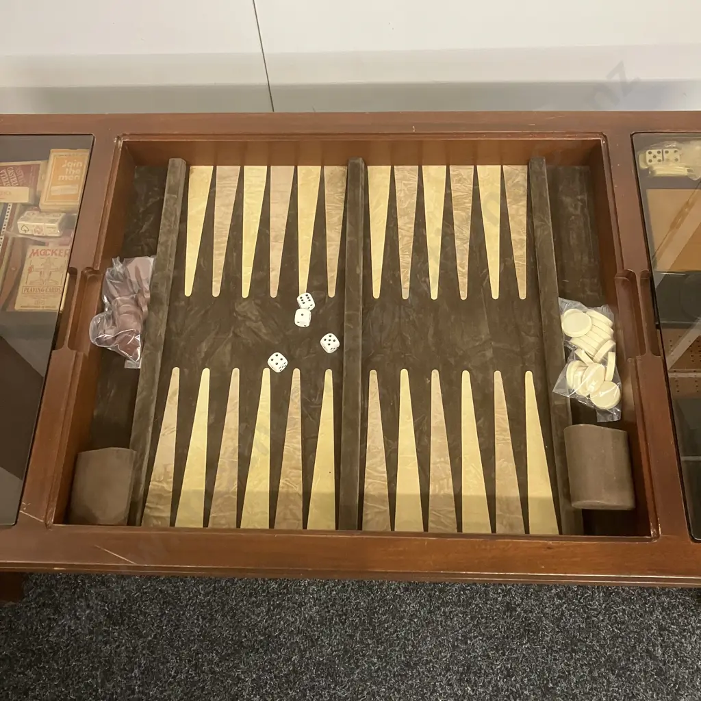 Mahogany & Smoked Glass Games Coffee Table With Rattan Undershelf, Assorted Games & Guides. H46 W122 D60cm Image 1++