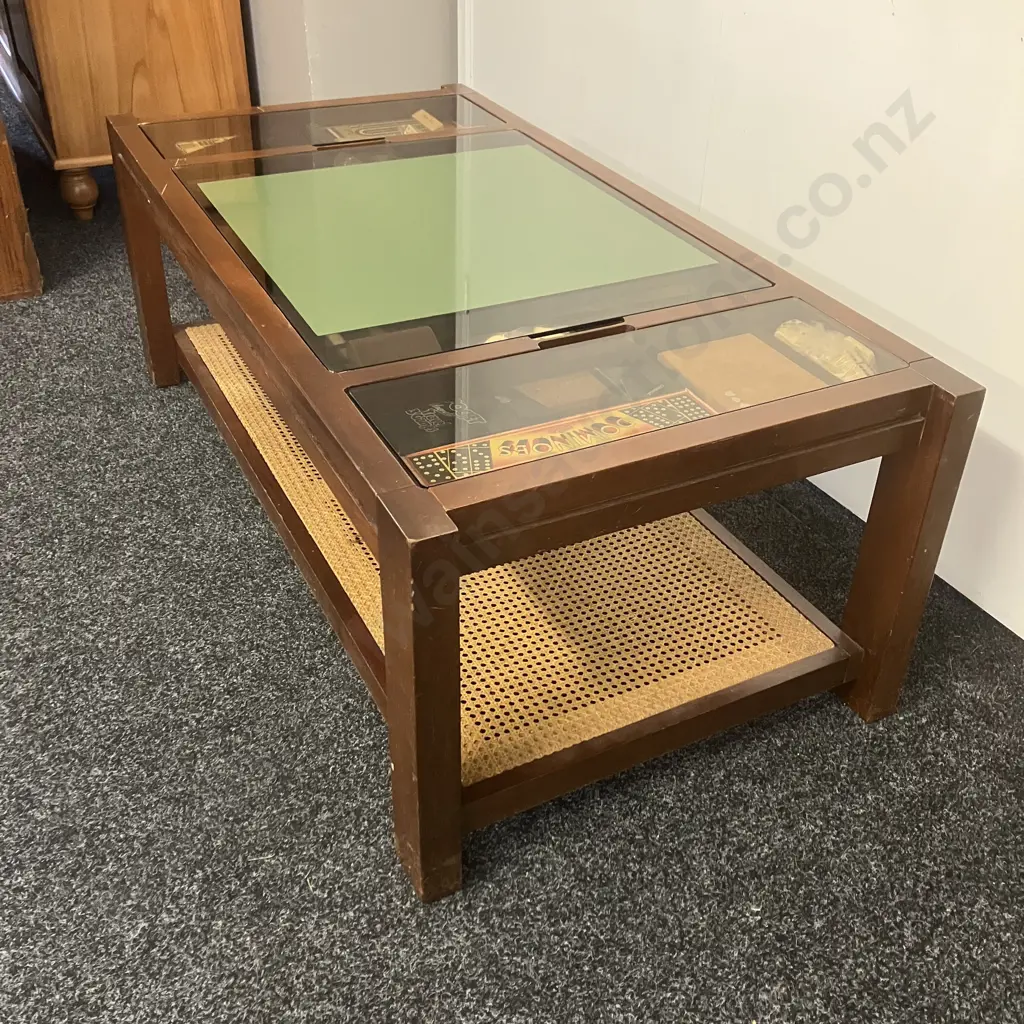 Mahogany & Smoked Glass Games Coffee Table With Rattan Undershelf, Assorted Games & Guides. H46 W122 D60cm Image 1++
