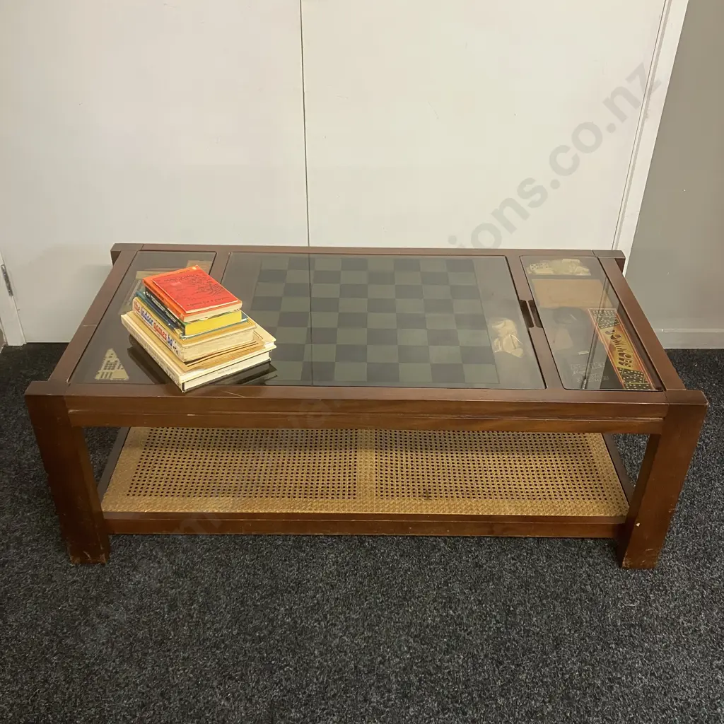 Mahogany & Smoked Glass Games Coffee Table With Rattan Undershelf, Assorted Games & Guides. H46 W122 D60cm Image 1++