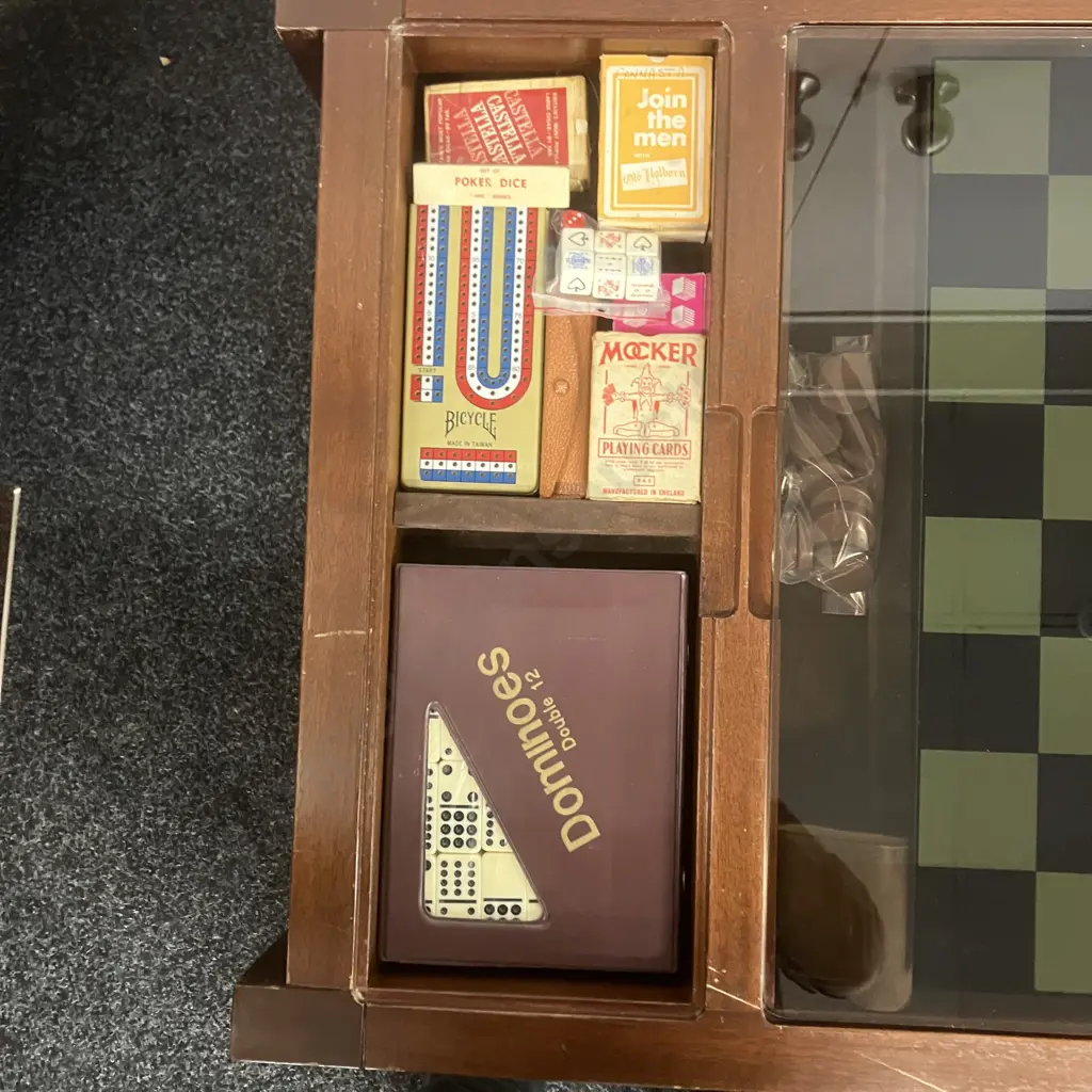 Mahogany & Smoked Glass Games Coffee Table With Rattan Undershelf, Assorted Games & Guides. H46 W122 D60cm Image 1++