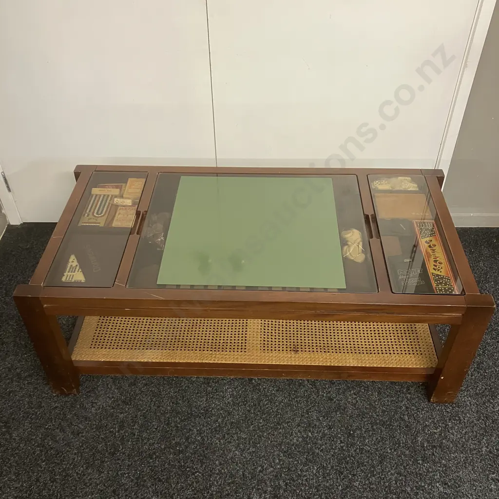 Mahogany & Smoked Glass Games Coffee Table With Rattan Undershelf, Assorted Games & Guides. H46 W122 D60cm Image 1++