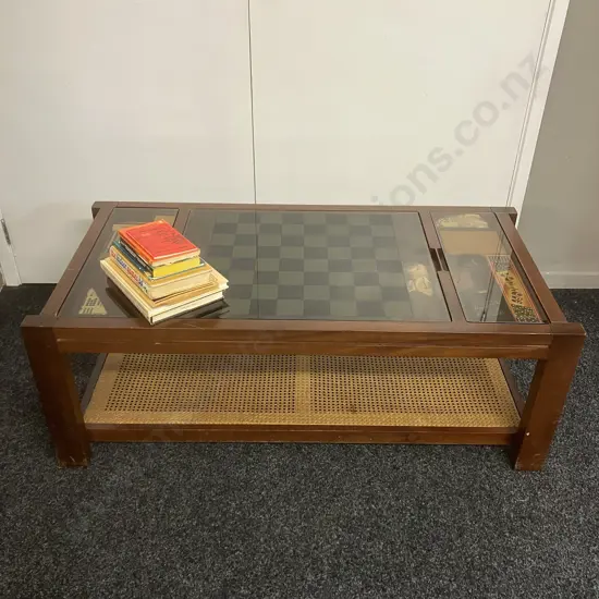 Mahogany & Smoked Glass Games Coffee Table With Rattan Undershelf, Assorted Games & Guides. H46 W122 D60cm