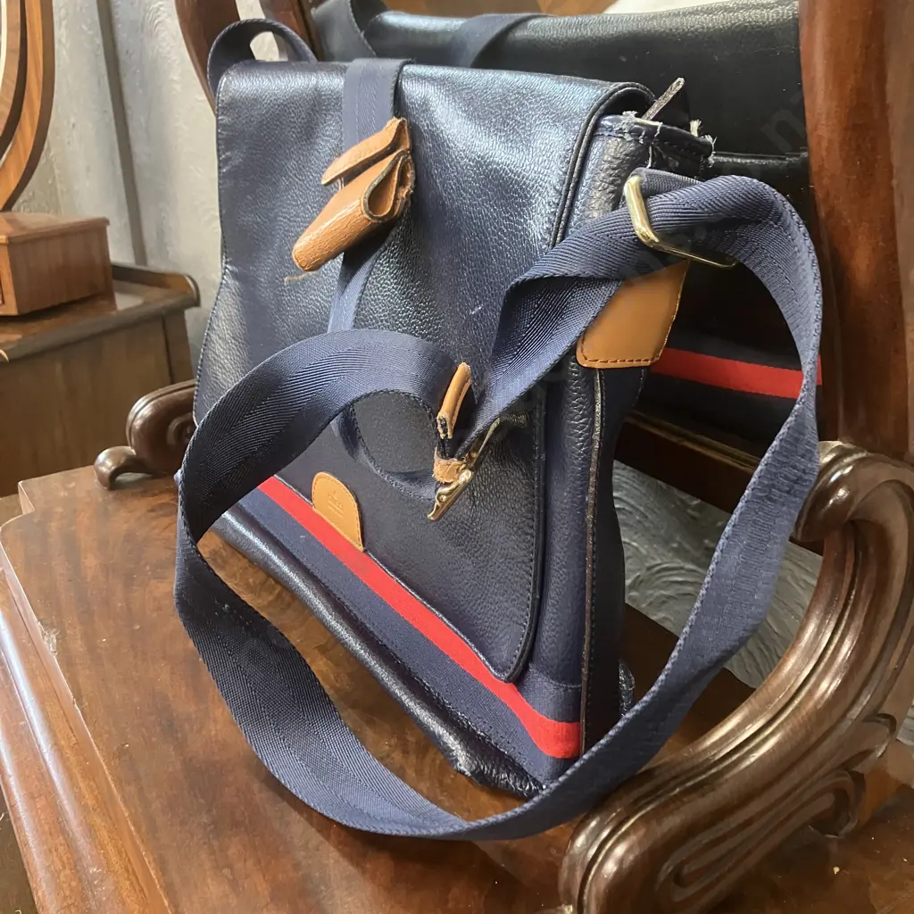 Gucci Style Vintage Messenger Bag, Blue / Red / Tan Colours Image 1++