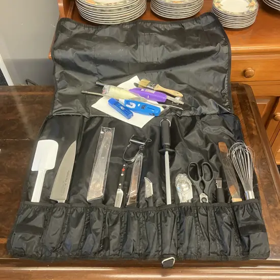 House of Knives 12 Slot Knife Roll Black With 5 F.Dick German Knives, Kitchen Gearz Steel, Etc
