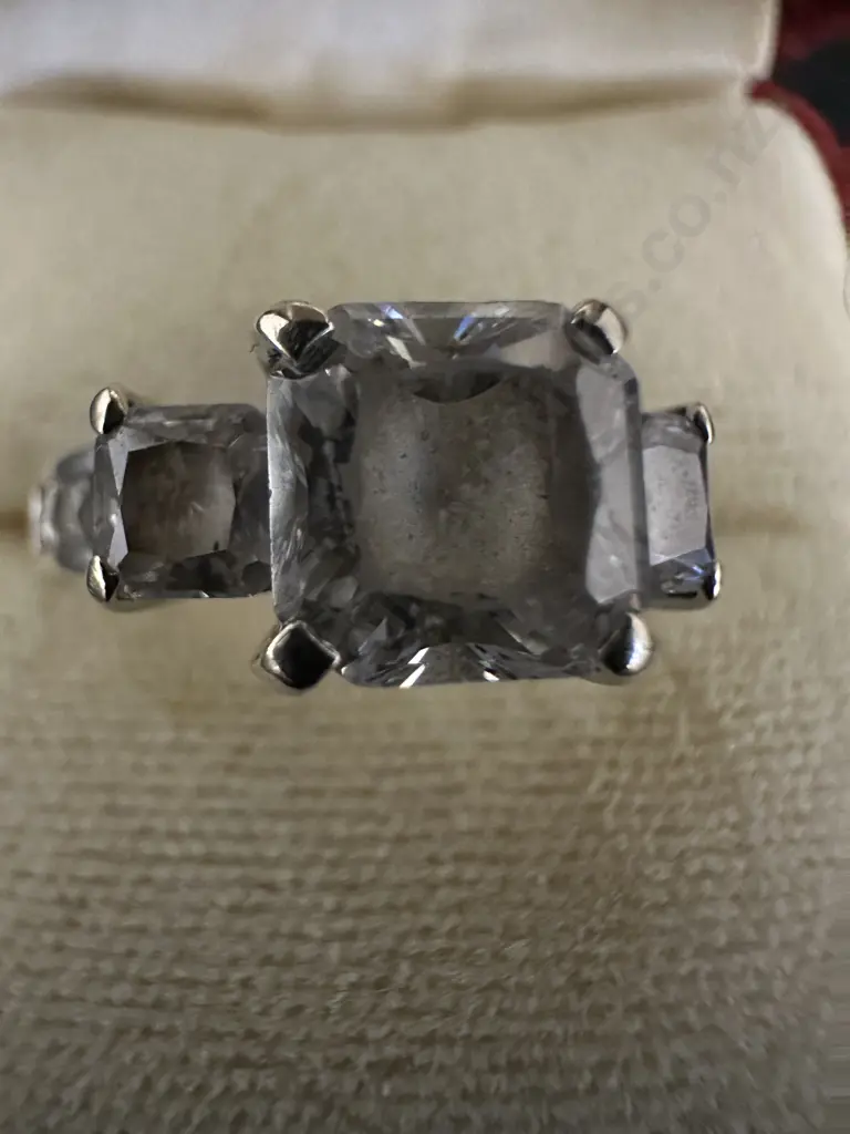 Ring Stamped S585 With Three Clear Square Stones & Six Small Clear Stones Image 1++