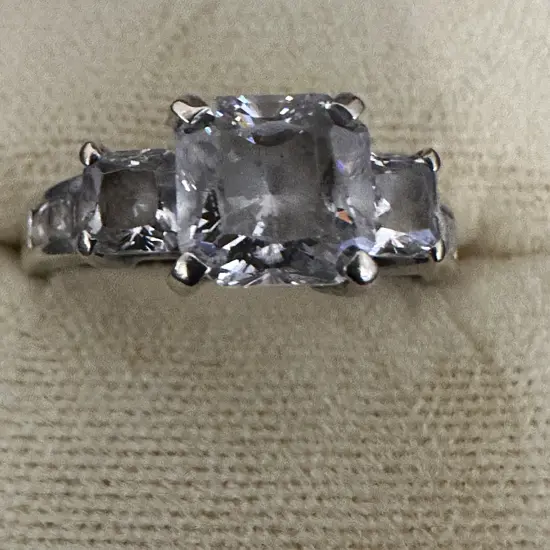 Ring Stamped S585 With Three Clear Square Stones & Six Small Clear Stones