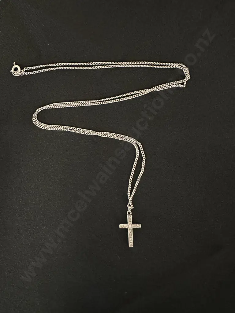 Stamped 925 Necklace & Cross Pendant With Clear Stones Image 1++