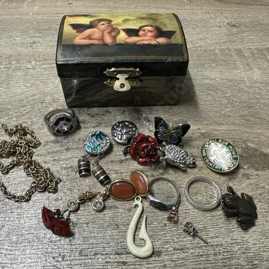 Selection Of Costume Jewellery Including Earings,925 Ring Etc With Cherub Detail Storage Box