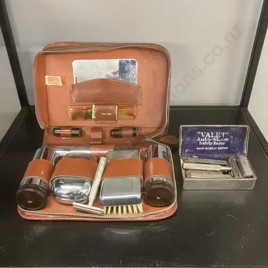 Vintage Mid Century Two-Tix Shaving / Mens Grooming Travel Set In Leather Case & "Valet" Auto Strop Safety Razor In Case