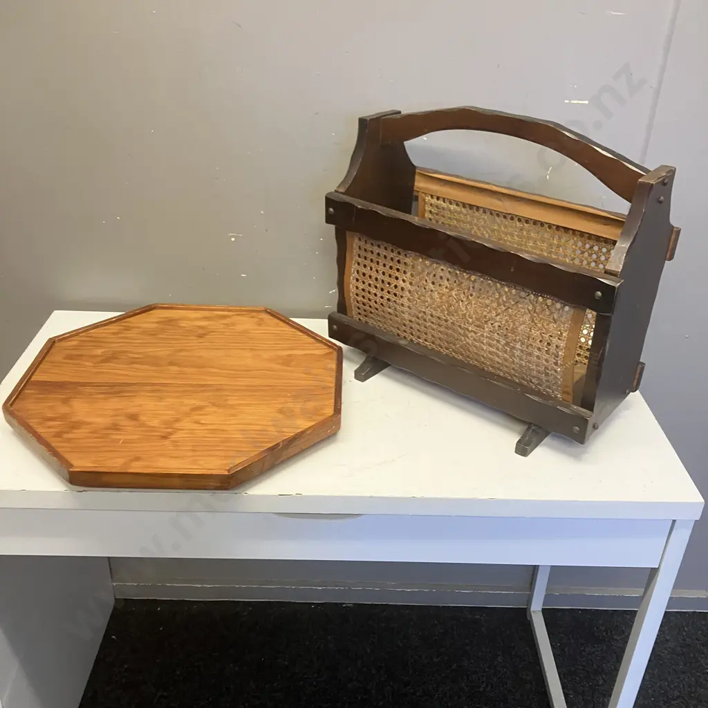 Wood & Rattan Magazine Rack & Wooden Lazy Susan Image 1++