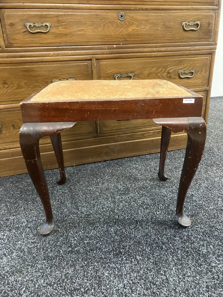 Mahogany Footstool With Tan Draylon Upholstery & Cabriole Legs. H45 W52 D37cm Image 1++