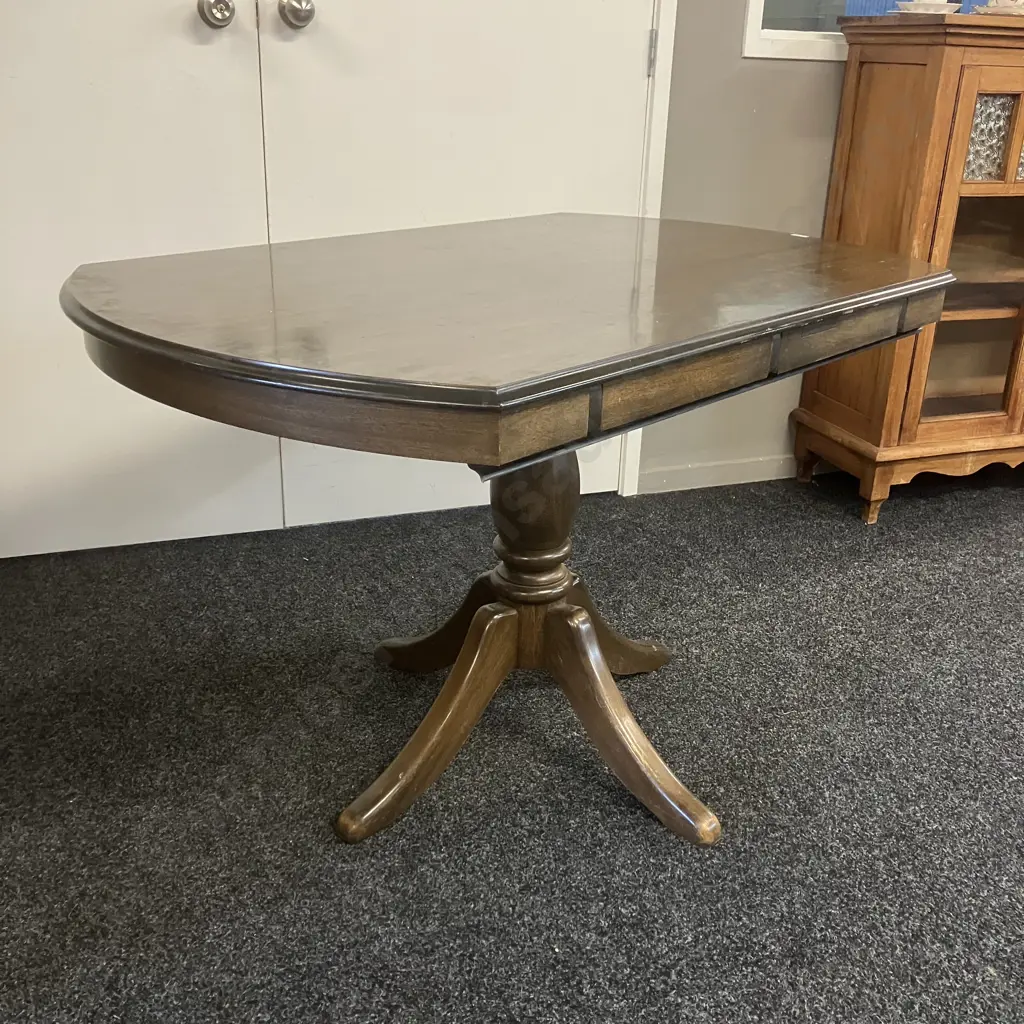 Dark Stained Oak Drop Leaf Table, Turned Single Pedestal Base To 4 Feet. 76 x 120cm Folded Image 1++