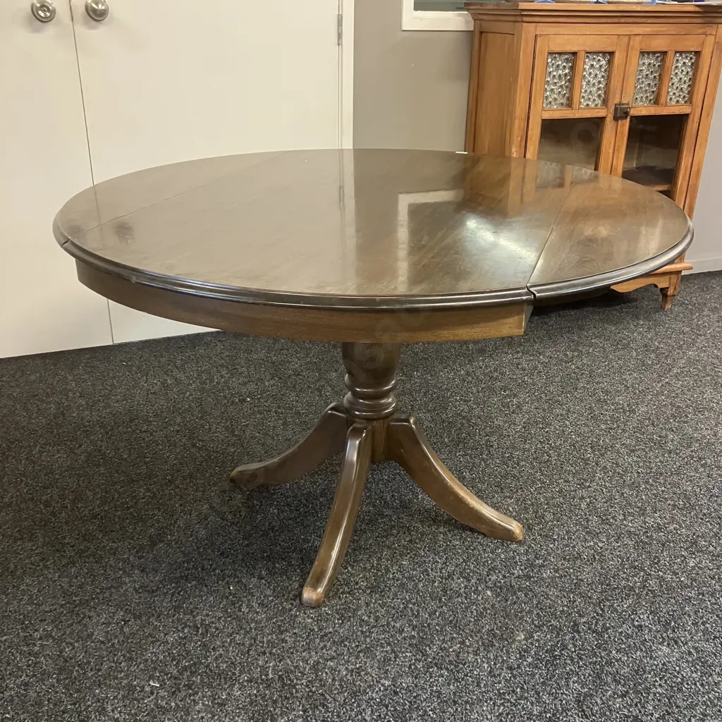 Dark Stained Oak Drop Leaf Table, Turned Single Pedestal Base To 4 Feet. 76 x 120cm Folded Image 1++