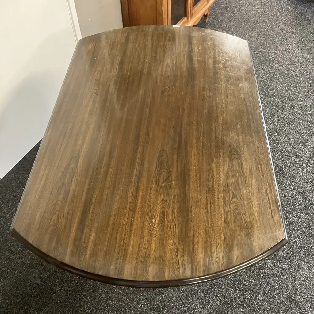 Dark Stained Oak Drop Leaf Table, Turned Single Pedestal Base To 4 Feet. 76 x 120cm Folded Image 1++