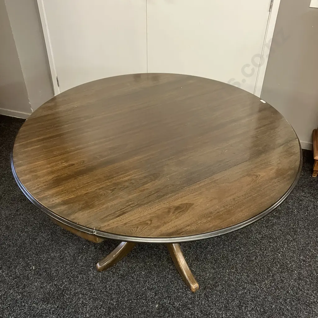 Dark Stained Oak Drop Leaf Table, Turned Single Pedestal Base To 4 Feet. 76 x 120cm Folded Image 1++