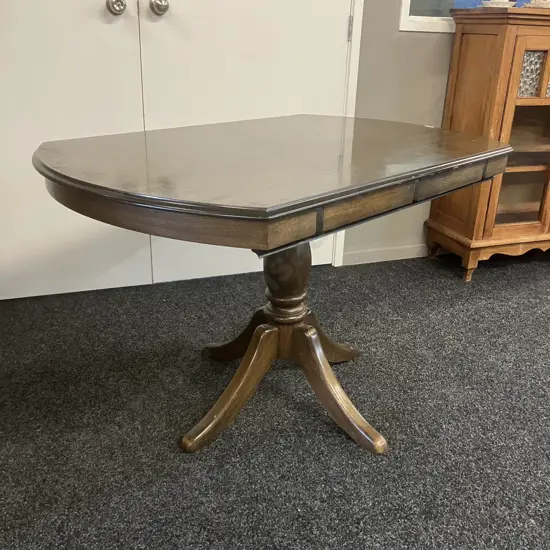 Dark Stained Oak Drop Leaf Table, Turned Single Pedestal Base To 4 Feet. 76 x 120cm Folded