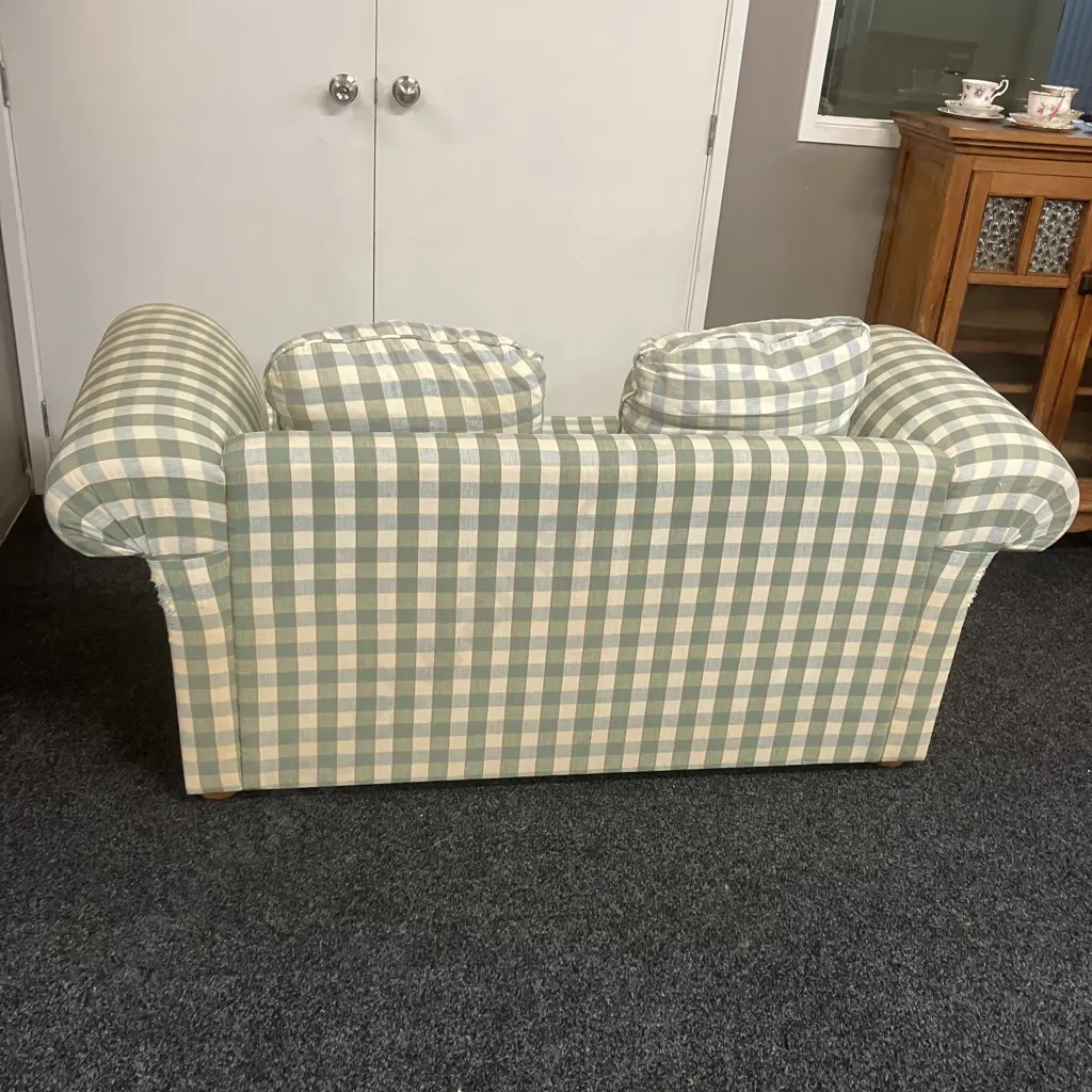 Two Seater Rolled Arm Sofa In Green / Blue / White Check Fabric. L170cm (As Found) Image 1++