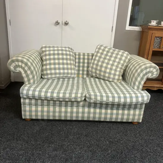 Two Seater Rolled Arm Sofa In Green / Blue / White Check Fabric. L170cm (As Found)
