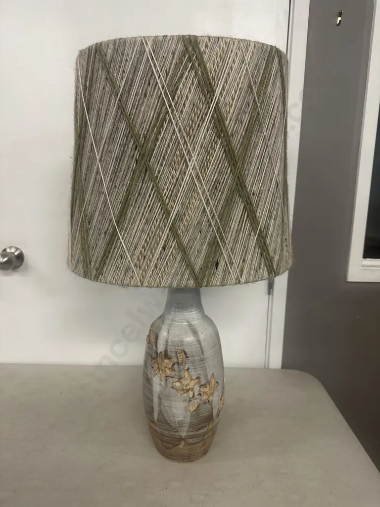 Vintage Pottery Table Lamp With Woollen Shade H74.5cm. Image 1++