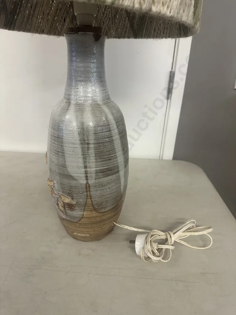 Vintage Pottery Table Lamp With Woollen Shade H74.5cm. Image 1++