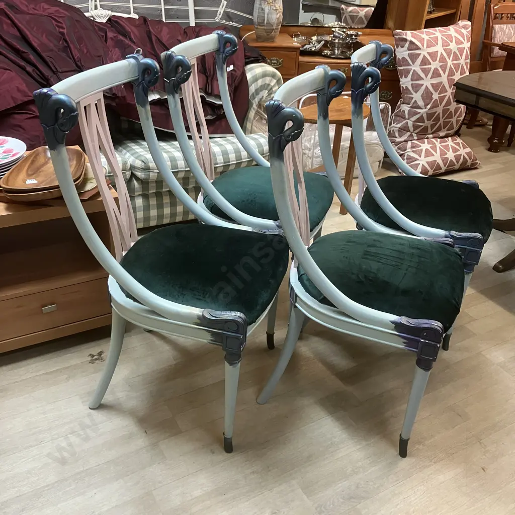 Set of Four Handpainted Side Chairs With Emerald Green Upholstered Seats Image 1++