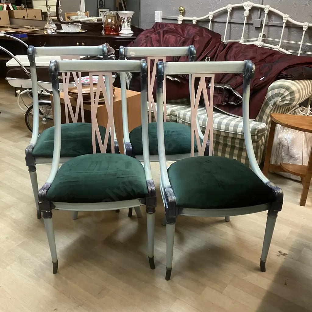 Set of Four Handpainted Side Chairs With Emerald Green Upholstered Seats Image 1++